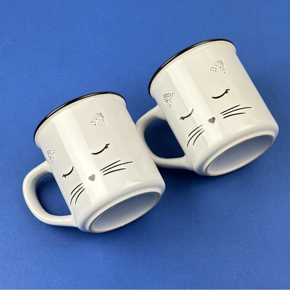Set of 2 Whimsical White Enamel Cat-Face Mugs - Cute Coffee Cups - Pre-Owned